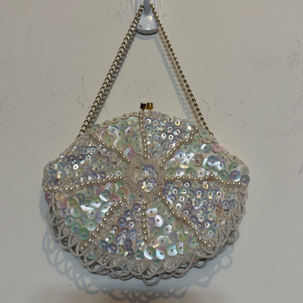 Vintage ivory-colored handbag trimmed with sequins and pearls